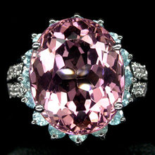 Rare Prototype NATURAL 10 CARAT ROSE PINK MORGANITE, White Sapphires w Fabulous Blue Zircon Surround, Fashion Ring