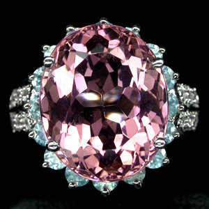 Rare Prototype NATURAL 10 CARAT ROSE PINK MORGANITE, White Sapphires w Fabulous Blue Zircon Surround, Fashion Ring
