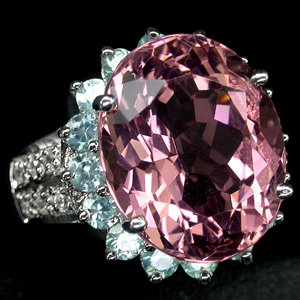 Rare Prototype NATURAL 10 CARAT ROSE PINK MORGANITE, White Sapphires w Fabulous Blue Zircon Surround, Fashion Ring