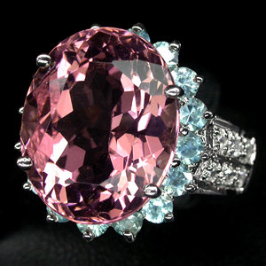 Rare Prototype NATURAL 10 CARAT ROSE PINK MORGANITE, White Sapphires w Fabulous Blue Zircon Surround, Fashion Ring