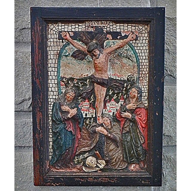 Antique Medieval Terracotta Relief Crucifixion, 15th century