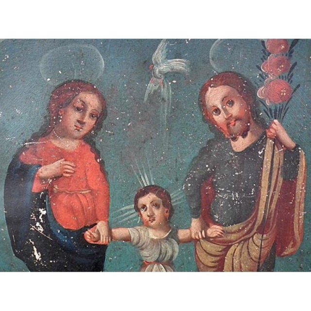 Antique Spanish Colonial Retablo Painting The Holy Family