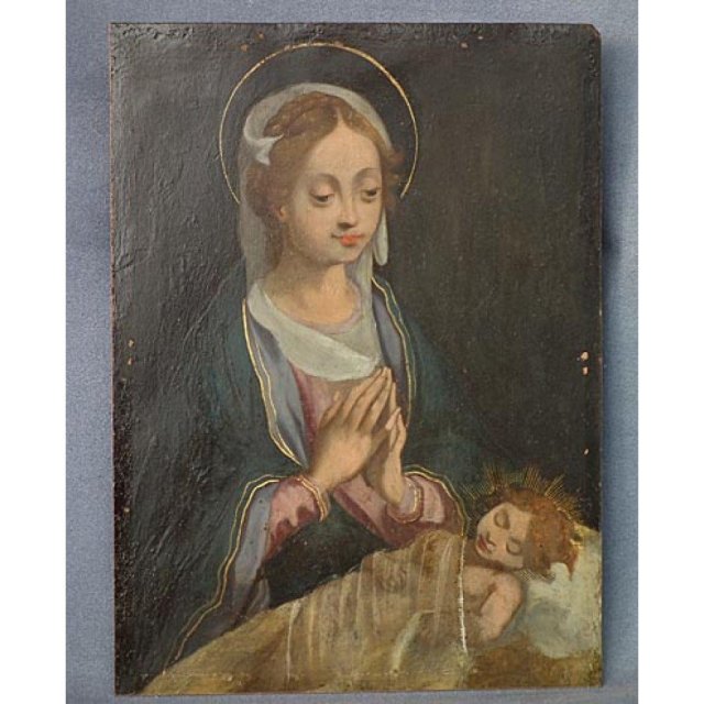 Antique 17th century Painting Virgin Adoring the Sleeping Christ Child