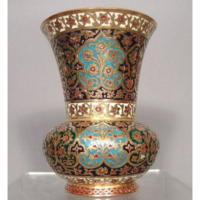 SOLD Antique Islamic Indian Mughal Enameled Gilt Copper Vase 18th c