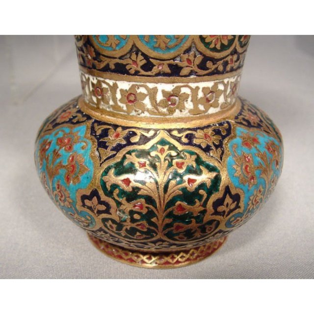 SOLD Antique Islamic Indian Mughal Enameled Gilt Copper Vase 18th c