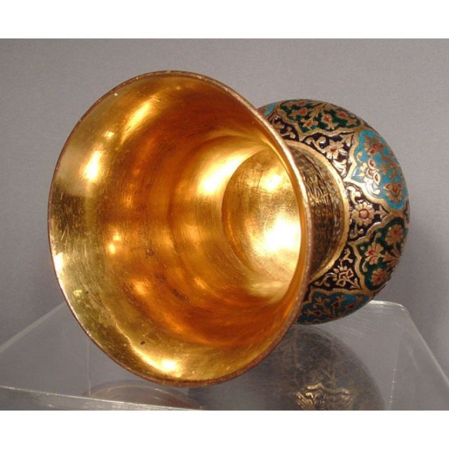 SOLD Antique Islamic Indian Mughal Enameled Gilt Copper Vase 18th c