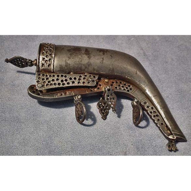 SOLD Antique 18th century Islamic Persian Gunpowder Flask Damascus Steel Wootz for gun