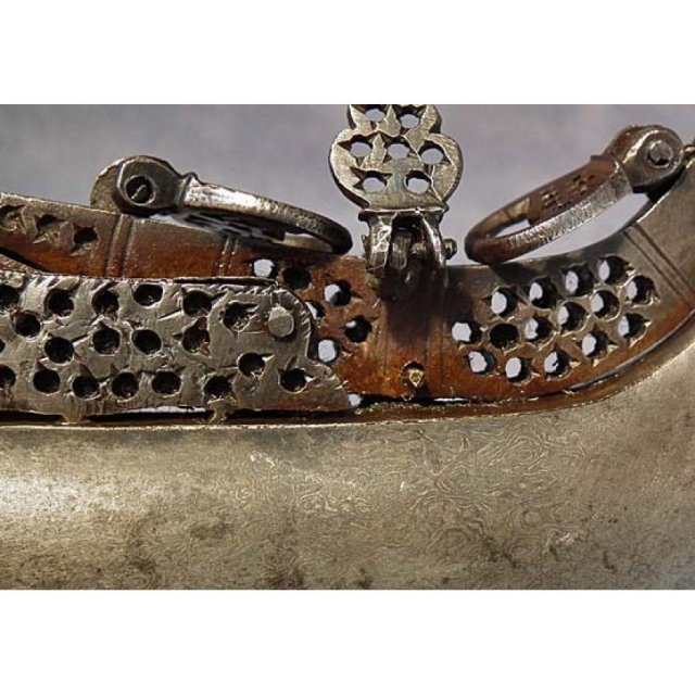 SOLD Antique 18th century Islamic Persian Gunpowder Flask Damascus Steel Wootz for gun