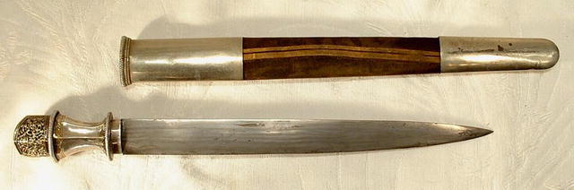 Antique Tibetan Silver Mounted Damascus Steel Sword Dagger