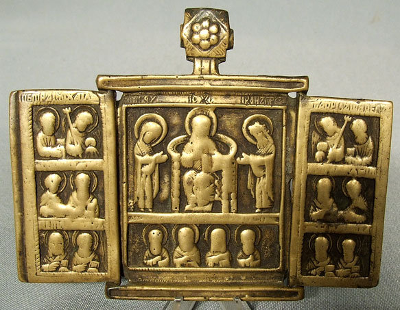 Antique Russian Bronze Triptych Icon, 17th c