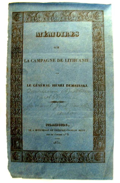 POLISH GENERAL DEMBINSKI HAND WRITTEN DEDICATION ON THE COVER of his book 1832