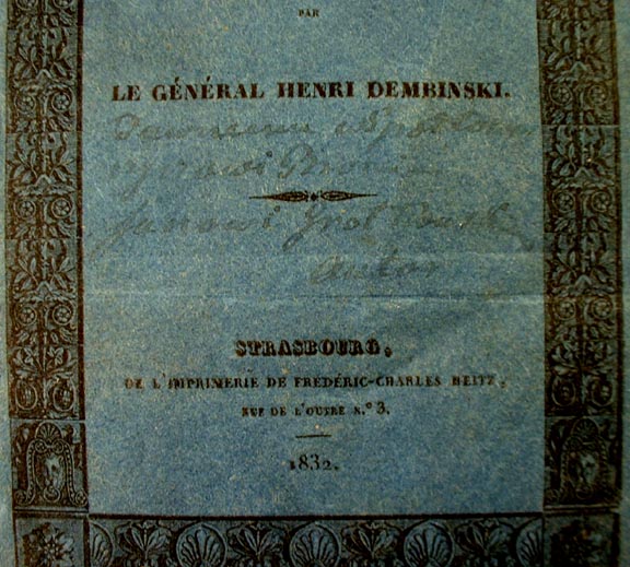 POLISH GENERAL DEMBINSKI HAND WRITTEN DEDICATION ON THE COVER of his book 1832