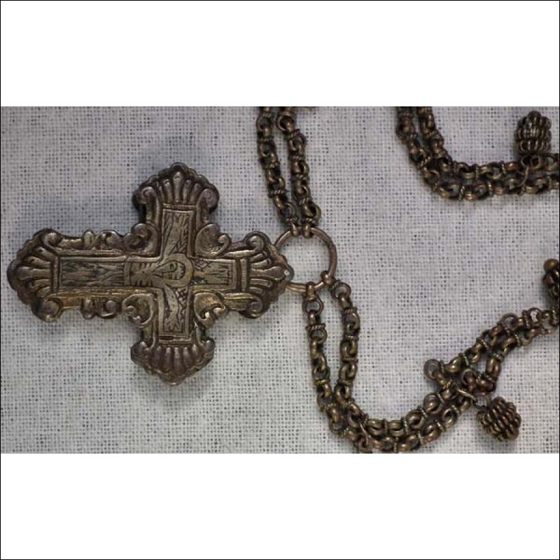 Antique Parcel-Gilt Silver Post-Byzantine Orthodox Pectoral Reliquary Cross 18th century