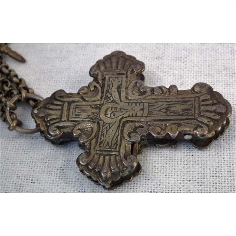 Antique Parcel-Gilt Silver Post-Byzantine Orthodox Pectoral Reliquary Cross 18th century