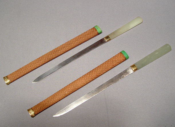 ANTIQUE PAIR CHINESE SLEEVES DAGGERS JADE HILTS