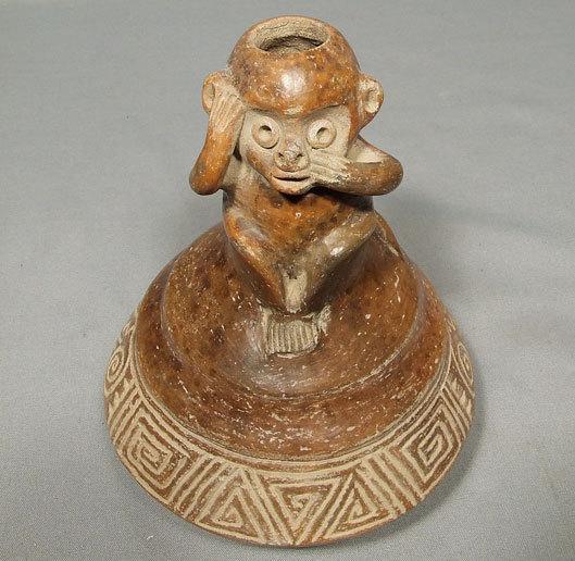 Antique Pre-Columbian Chavin Ceramic Effigy Monkey Vessel