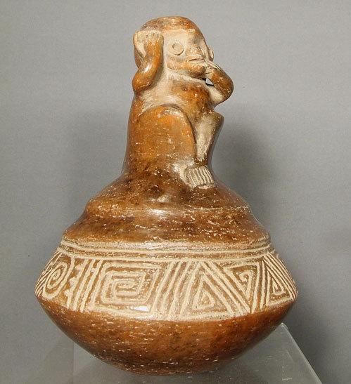 Antique Pre-Columbian Chavin Ceramic Effigy Monkey Vessel
