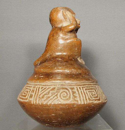 Antique Pre-Columbian Chavin Ceramic Effigy Monkey Vessel