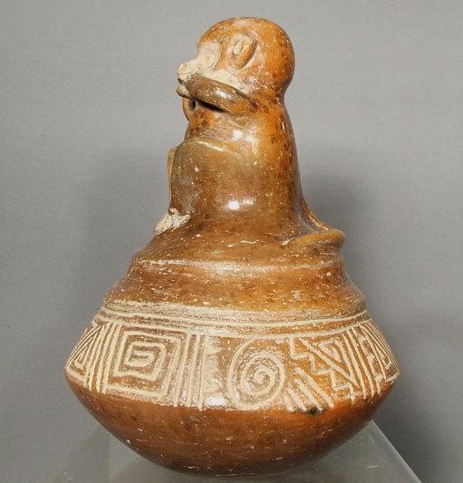 Antique Pre-Columbian Chavin Ceramic Effigy Monkey Vessel