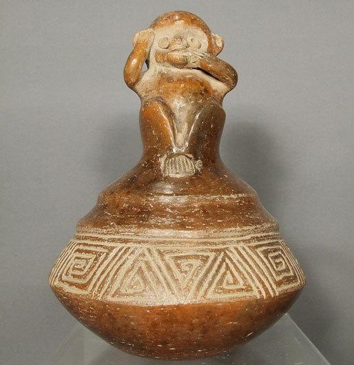 Antique Pre-Columbian Chavin Ceramic Effigy Monkey Vessel