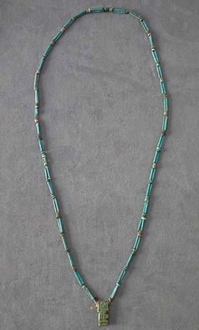 Ancient Egyptian Blue Faience Necklace with God Shu Amulet