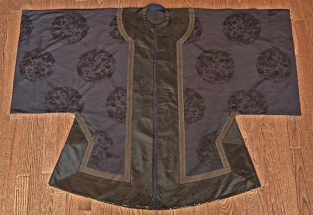 Antique Chinese Qing Dynasty Robe Navy Blue Silk with Dragon & Phoenix