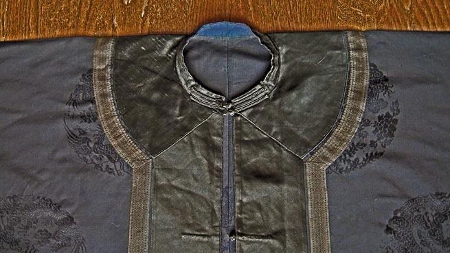 Antique Chinese Qing Dynasty Robe Navy Blue Silk with Dragon & Phoenix
