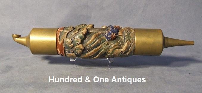 Large Antique 19th c Chinese Pipe Ornately Carved In Polychrome Wood