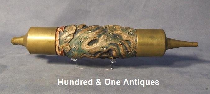 Large Antique 19th c Chinese Pipe Ornately Carved In Polychrome Wood