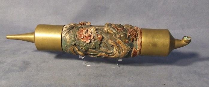 Large Antique 19th c Chinese Pipe Ornately Carved In Polychrome Wood