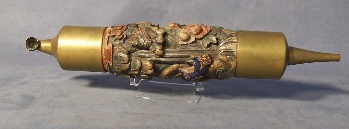 Large Antique 19th c Chinese Pipe Ornately Carved In Polychrome Wood