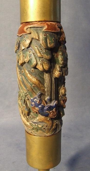 Large Antique 19th c Chinese Pipe Ornately Carved In Polychrome Wood