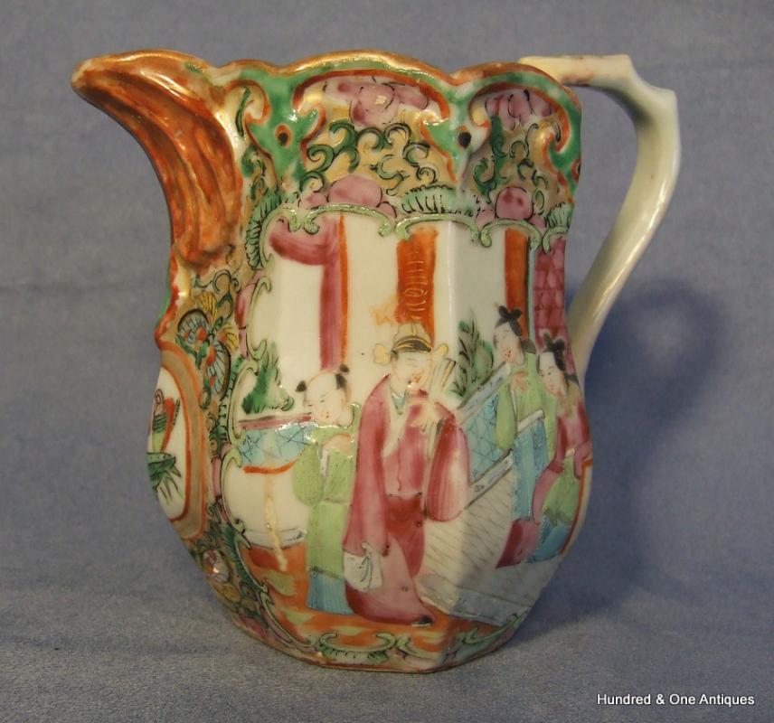 Antique Chinese Export Rose Mandarin Pitcher Quing Dynasty ca 1820-1840