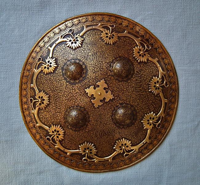 Antique Islamic Indo Persian Gold Inlaid Steel Shield Dhal Separ 18th c Mughal India