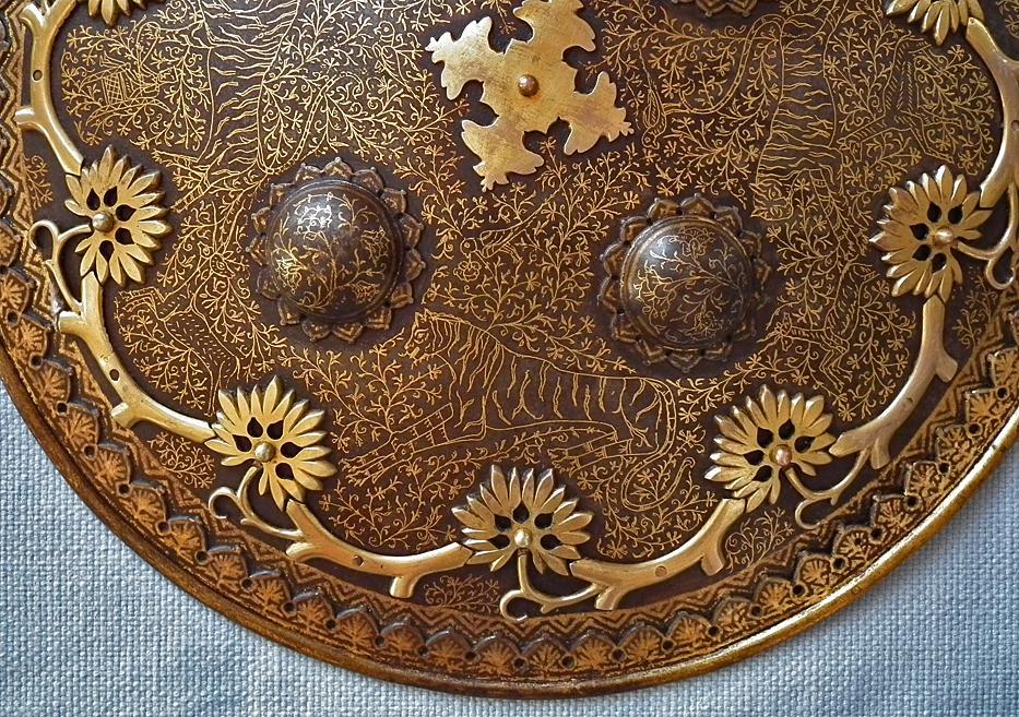 Antique Islamic Indo Persian Gold Inlaid Steel Shield Dhal Separ 18th c Mughal India