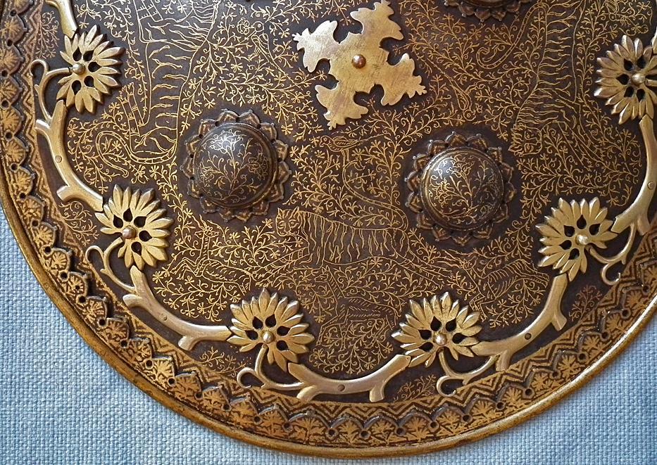 Antique Islamic Indo Persian Gold Inlaid Steel Shield Dhal Separ 18th c Mughal India