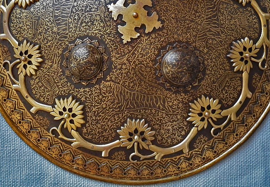 Antique Islamic Indo Persian Gold Inlaid Steel Shield Dhal Separ 18th c Mughal India