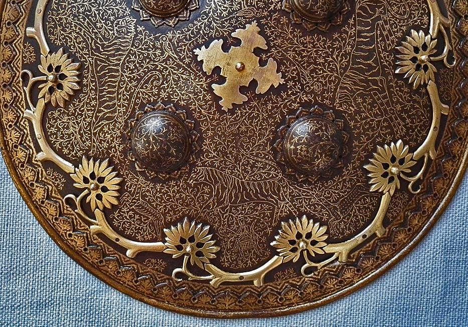 Antique Islamic Indo Persian Gold Inlaid Steel Shield Dhal Separ 18th c Mughal India