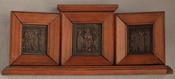 Antique 19th century Russian Bronze Triptych Icon in Wooden Casing