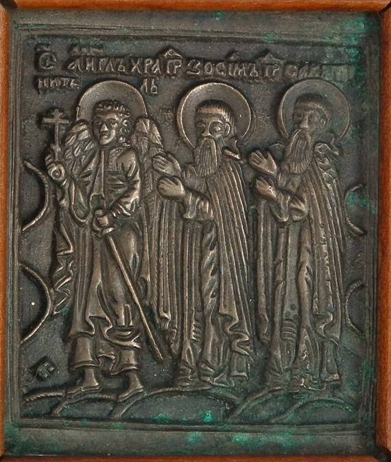 Antique 19th century Russian Bronze Triptych Icon in Wooden Casing