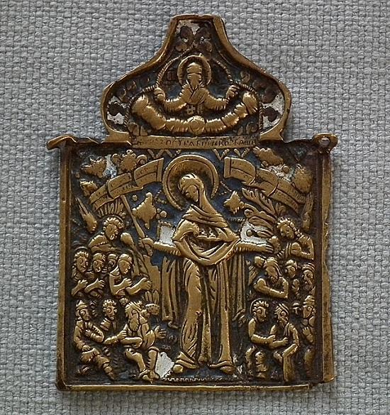 Antique 18th Russian Orthodox Brass and Enamel icon the Mother of Good Joy of All Who Sorrow