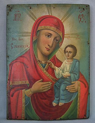 Antique 19th c Russian Orthodox Icon The Mother of God of Smolensk Smolenskaya