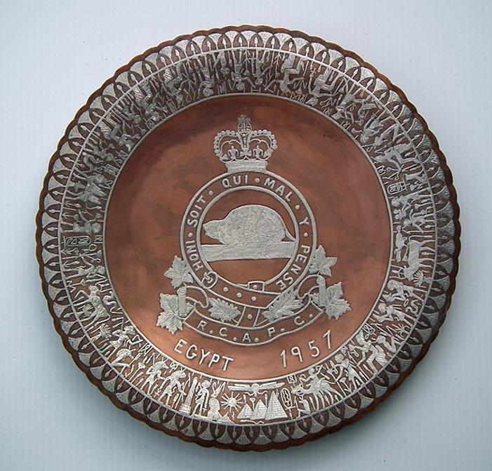 Semi-Antique Silver Inlaid Copper Presentation Plate The Royal Canadian Army Pay Corps Egypt 1957