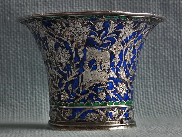 Antique Persian Qajar Silver enameled Islamic Nargileh Qalyan Cup