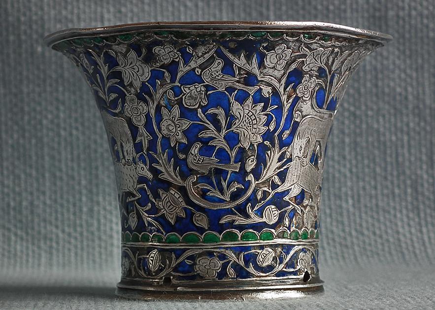 Antique Persian Qajar Silver enameled Islamic Nargileh Qalyan Cup