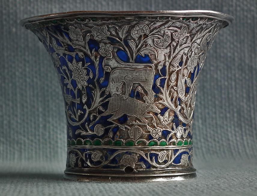 Antique Persian Qajar Silver enameled Islamic Nargileh Qalyan Cup