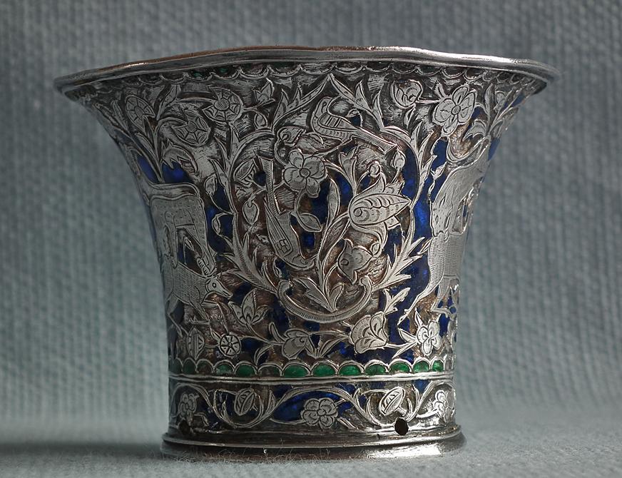 Antique Persian Qajar Silver enameled Islamic Nargileh Qalyan Cup