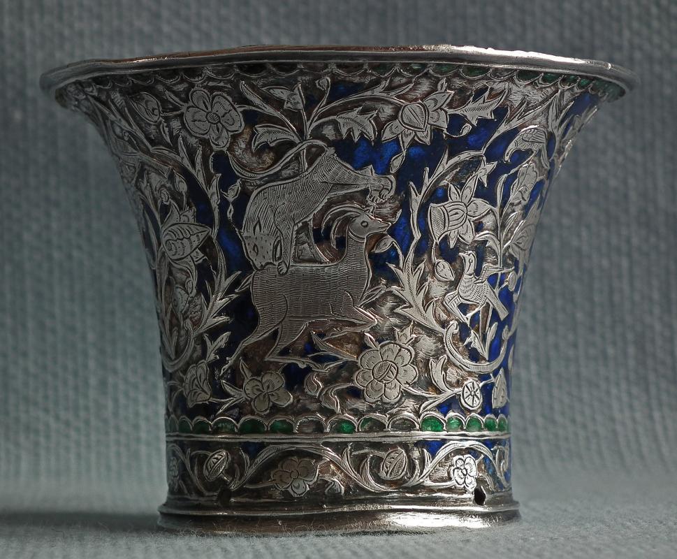 Antique Persian Qajar Silver enameled Islamic Nargileh Qalyan Cup