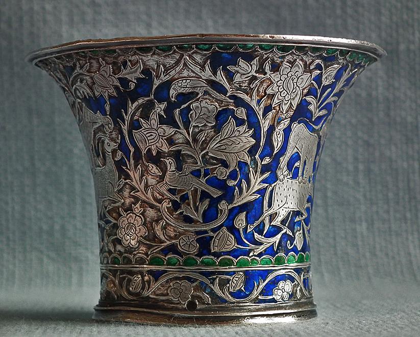 Antique Persian Qajar Silver enameled Islamic Nargileh Qalyan Cup