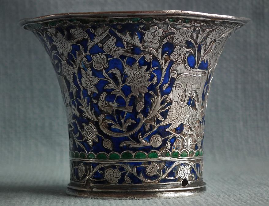 Antique Persian Qajar Silver enameled Islamic Nargileh Qalyan Cup